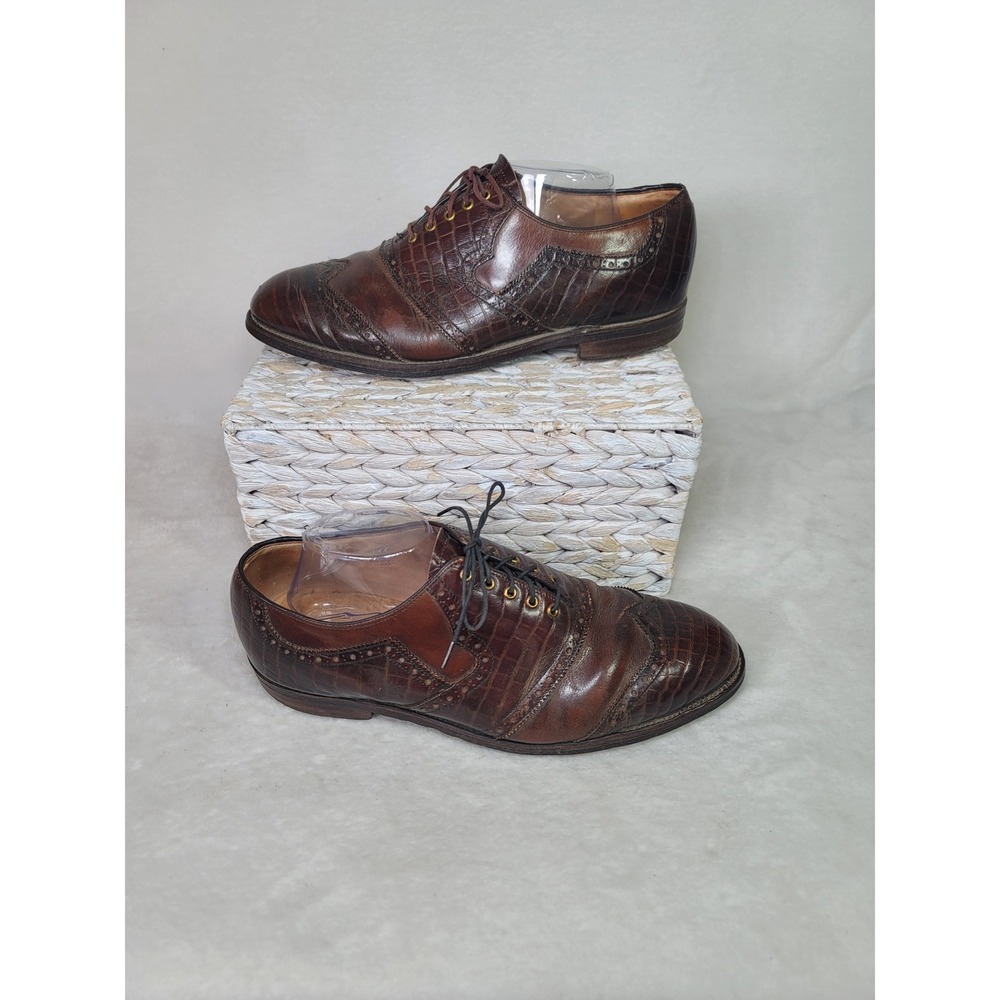 Vtg Bostonian Italy Golf Wingtip Oxfords Size 11.5 D Crocodile Embossed Leather